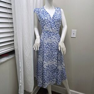 Blue White Daisy Floral Wrap Tie Waist Dress Cap Sleeve V-Neck Summer Sundress